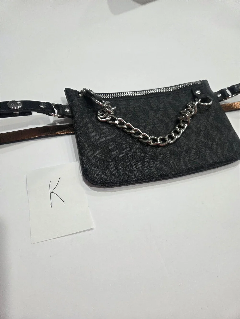 NWOT Michael Kors Logo Chain Belt Bag Black /gray Monogram With Silver Chain